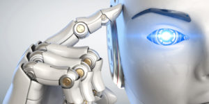A robot with a blue eye touches it's temple.
