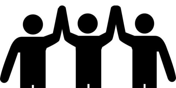 Three cartoon people silhouettes highfive.