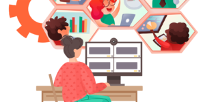 Women sitting at a desk in front of a computer and webcam
