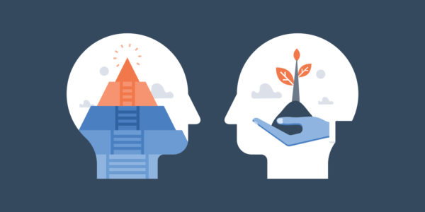 Two heads, one with a pyrmid inside of it and one with a tree growing inside it.