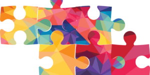 6 multi-color puzzle pieces joined together
