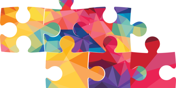 6 multi-color puzzle pieces joined together