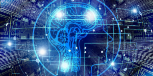 Blue digital lines making the outline of a head and brain