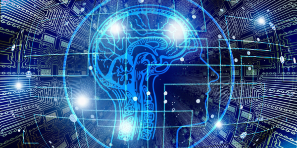 Blue digital lines making the outline of a head and brain