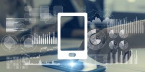 A white outline of a tablet surrounded by charts and graphs
