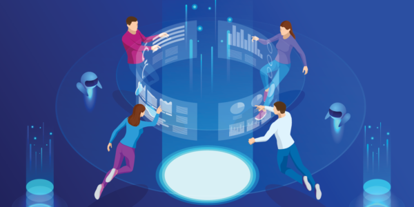 Four people in a circle in front of a touch screen computer with robots moving around them