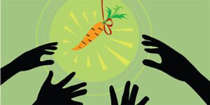 Four hands reaching for a carrot on a string attached to a stick.