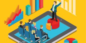 Cartoon man standing on a red platform giving a presentation.