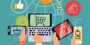 Different individuals making online purchases from a tablet, smartphone, and laptop.