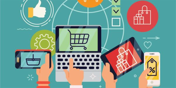 Different individuals making online purchases from a tablet, smartphone, and laptop.