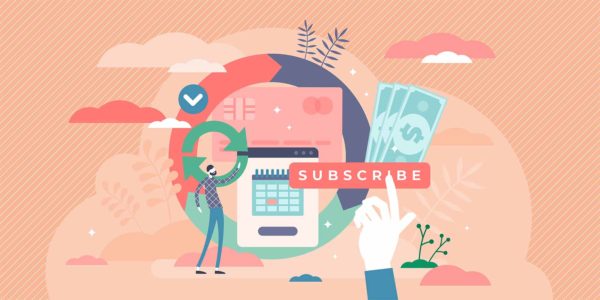 Man standing in front of a building with a green circular arrow above his head. A hand hitting a “subscribe” button with dollar bills above it.
