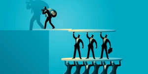 A group of people holding a platform for another group of people to stand on, who are holding a platform for another person who is carrying a bag with a dollar sign on it.
