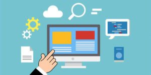 A cartoon hand pointing at a computer screen with different icons floating around the screen.