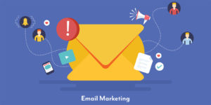 A yellow envelope on a blue background with different icons floating around it, with lines connecting to people.