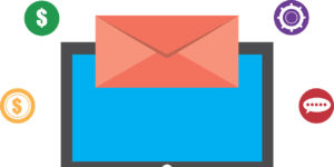 A red envelope in front of a blue computer screen surrounded by various icons.
