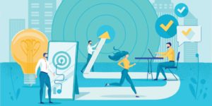 People standing on an arrow stretching towards the bullseye of a target, each person is performing a different task.