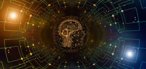 A brain surrounded by a web of lines simulating technology