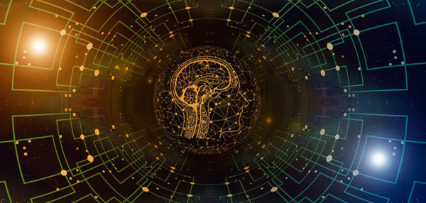 A brain surrounded by a web of lines simulating technology