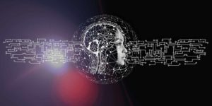 A person's head in a circle of data webs, with a web of lines on either side of the head simulating the look of technology.