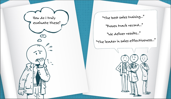 A cartoon of a sales manager who is nervous about evaluating sales training solutions.