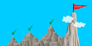 Four mountain peaks, three with a green check mark above them and the tallest has a red flag that reads “success”