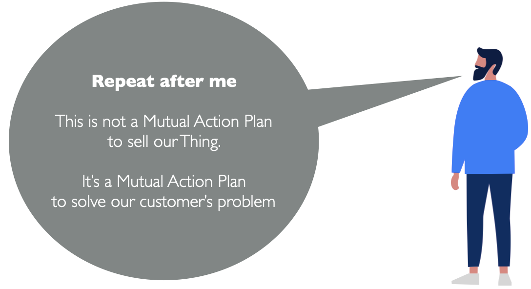 Mutual_Action_Plan_Graphic A person standing with a large text bubble displaying a conversation about a Mutual Action Plan.