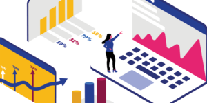 A person standing on a giant open laptop surrounded by large graphs and charts.