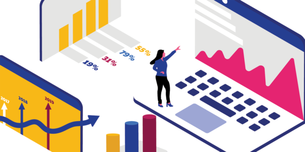 A person standing on a giant open laptop surrounded by large graphs and charts.