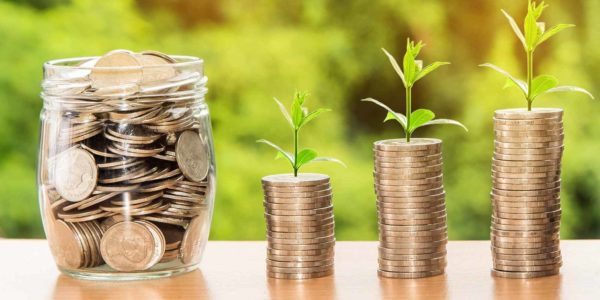 Three stacks of coins, each taller than the previous one, with small plants growing out the top of each stack.