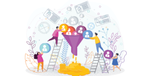 People standing on ladders putting icons with pictures of people on them into the top of a funnel with gold coins coming out the bottom of the funnel.