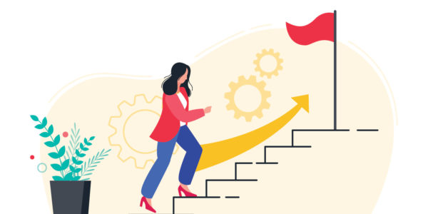 A person climbing up a staircase towards a red flag.