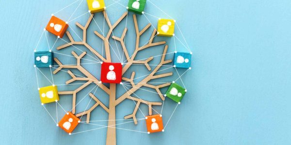 A tree made from different icons of people being connected by the branches of the tree.