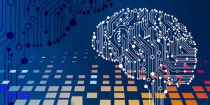 A computer circuit in the shape of a brain with pattern on a dark blue background.