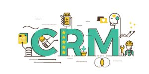 Teal and yellow graphic surrounding “CRM”.