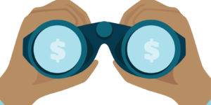 A pair of hands holds up binoculars with blue dollar signs in the lens.