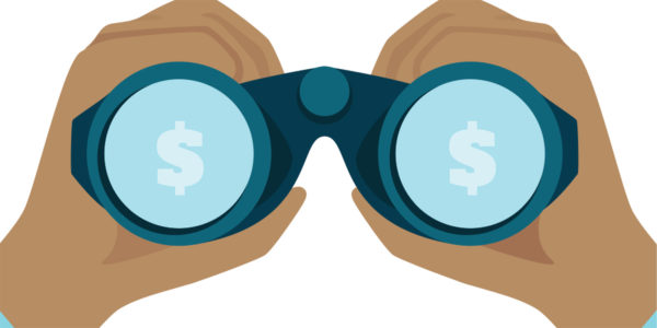 A pair of hands holds up binoculars with blue dollar signs in the lens.