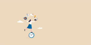 A woman juggles five items while standing on a clock.