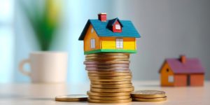 House stacked on top of coins on a table.