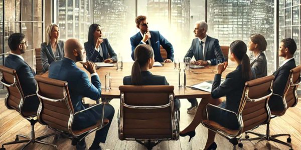 Business_Meeting Ten business people sit around a table and listen while one person talks.