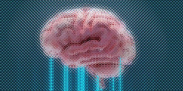 A brain displayed with glowing blue lines.