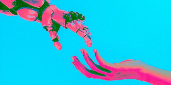 A robot and human hand reaching out in bright colors.