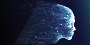 Abstract blue human head formed by circuits and neural network lines symbolizing AI and human intelligence