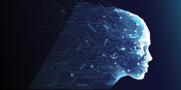 Abstract blue human head formed by circuits and neural network lines symbolizing AI and human intelligence