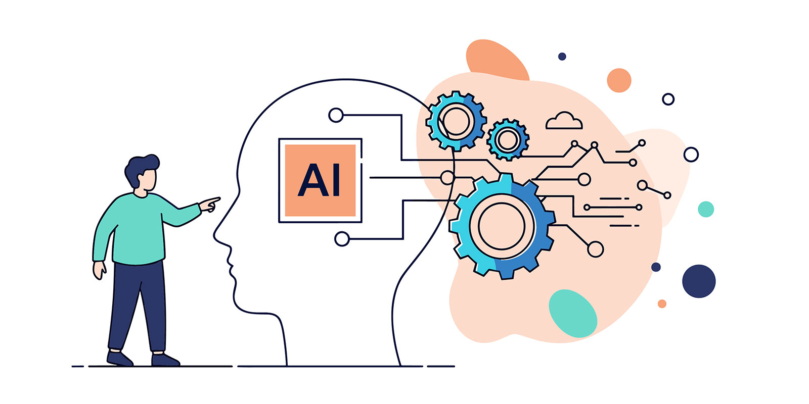 Illustration of a person pointing at an AI labeled head with gears and circuit lines representing artificial intelligence If you want a more keyword dense SEO version or a more accessibility focused alt text, I can tune it.