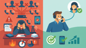 Split illustration showing chaotic spam call stress on one side and calm, efficient customer support communication on the other