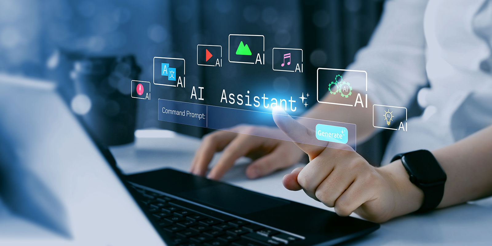 Person using a futuristic AI assistant interface with icons and a glowing generate button above a laptop keyboard