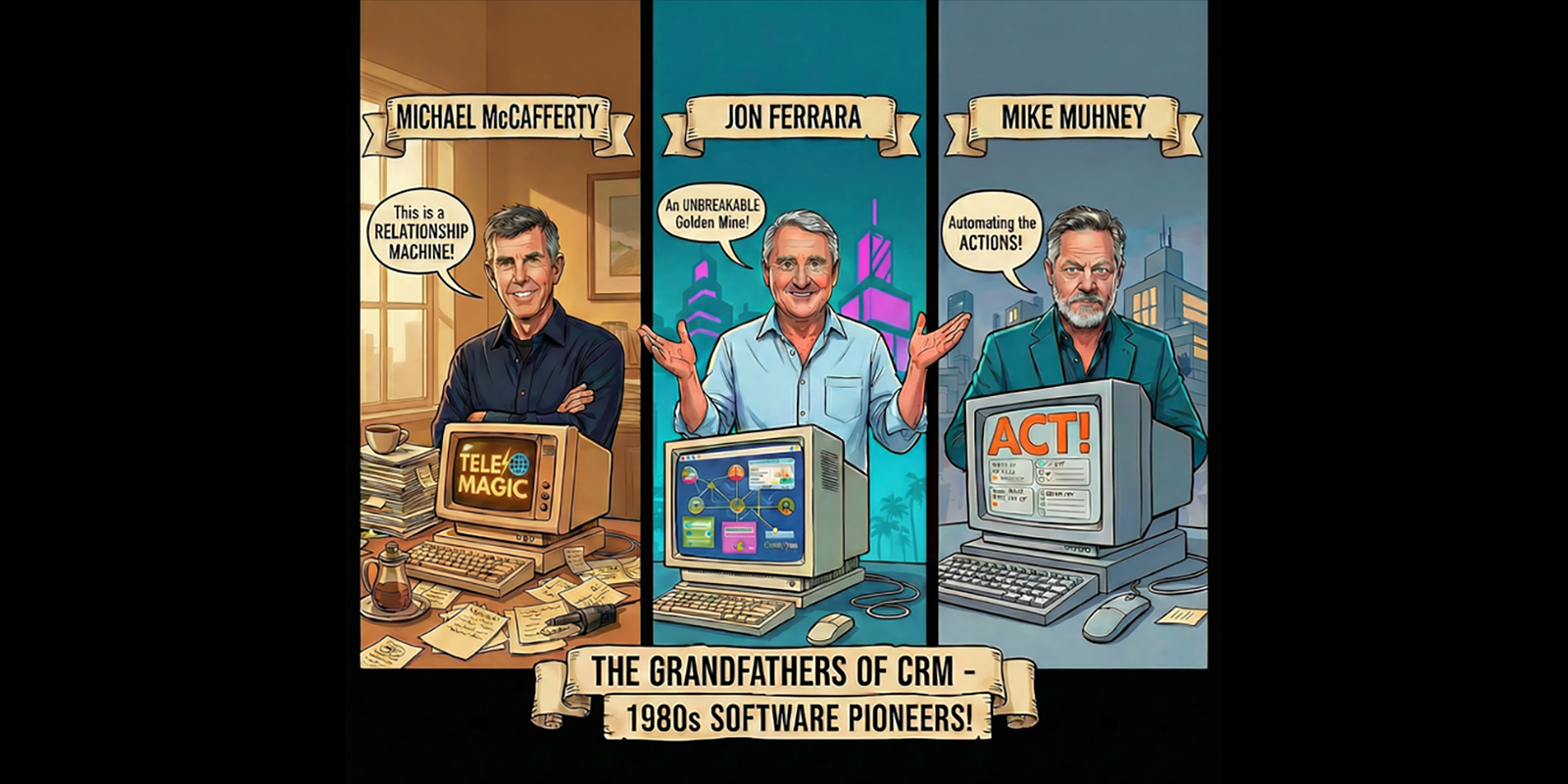 Cartoon AI generated image of Michael McCafferty, Mike Muhney, and John Ferrara standing behind computers.