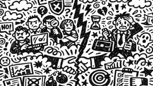 Black and white illustration of divided business conflict with stressed teams, symbols of tension, and a handshake for resolution