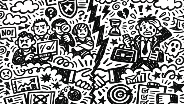 Black and white illustration of divided business conflict with stressed teams, symbols of tension, and a handshake for resolution