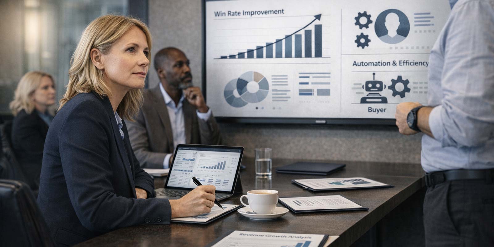 Team in a conference room reviewing executive pipeline data with charts on win rates, automation, and revenue analysis